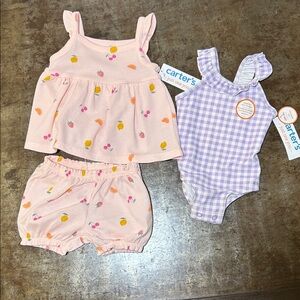 Carter's Pink Fruit Tank & Lilac Gingham Ruffle Swimsuit Set